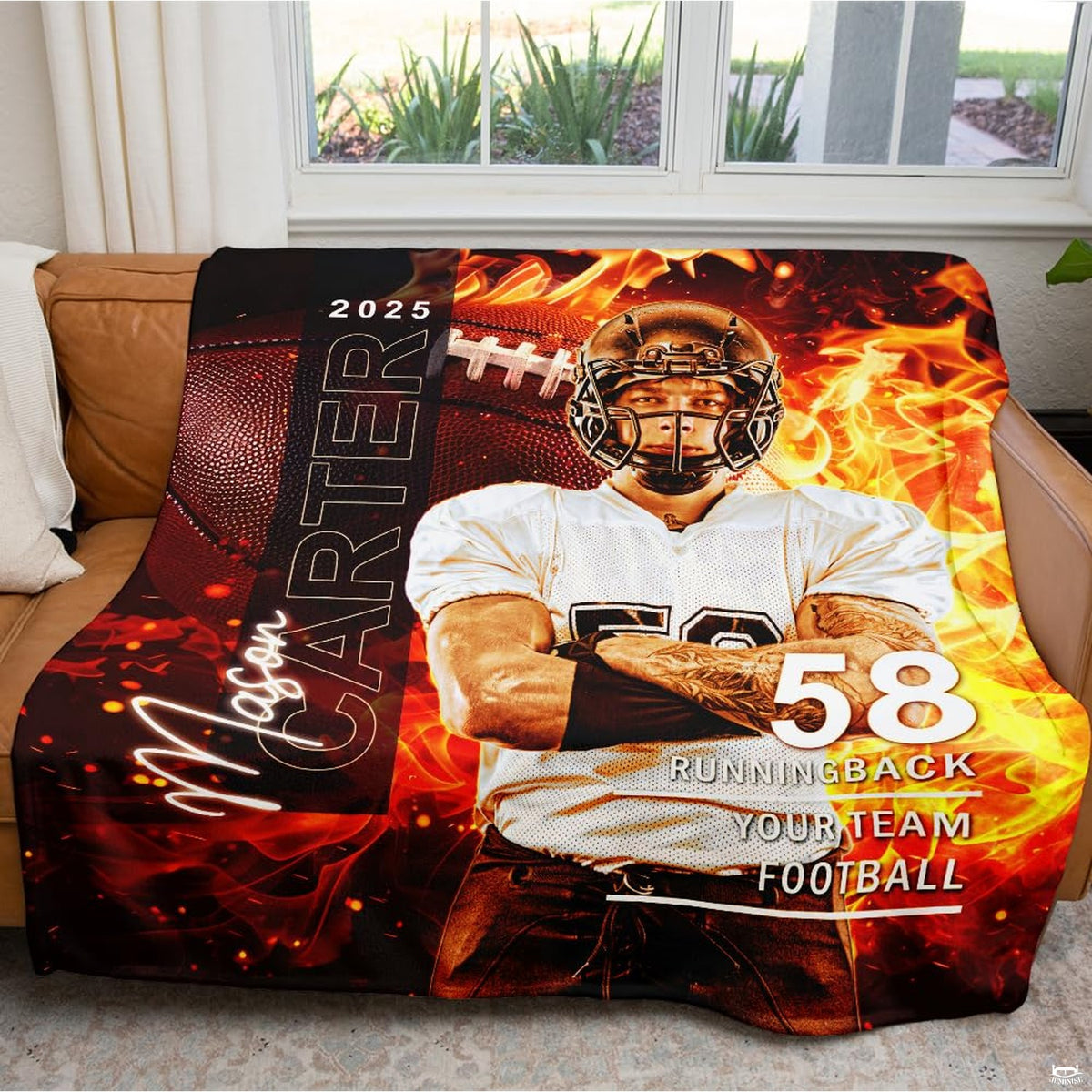 Firestorm gridiron sports blanket arranged over living room armchair