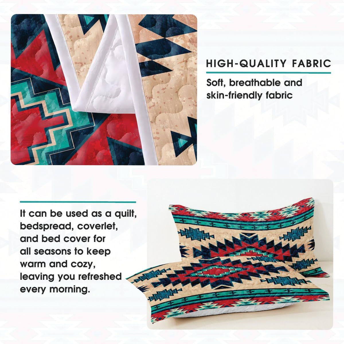 Southwestern tribal pattern with horizontal diamond bands and rustic red accents.