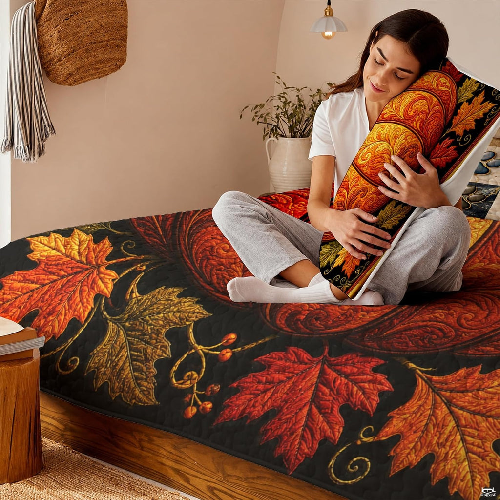 Full room display of carved pumpkin autumn bedding set styled in an elegant harvest-themed bedroom