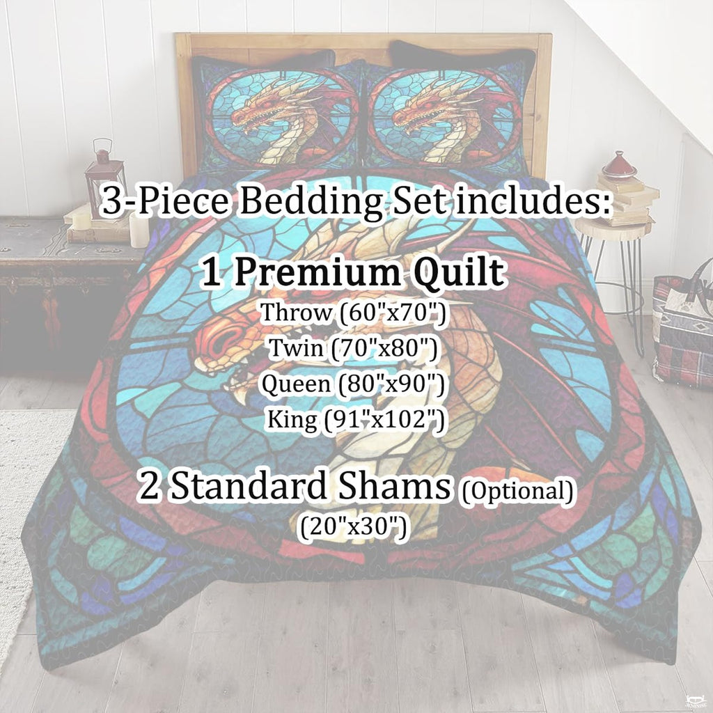 Dragon stained glass bedding mockup with orange and turquoise artwork