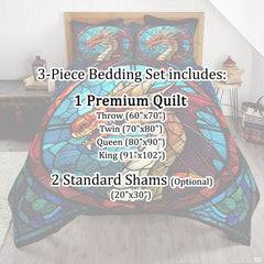 Dragon stained glass bedding mockup with orange and turquoise artwork