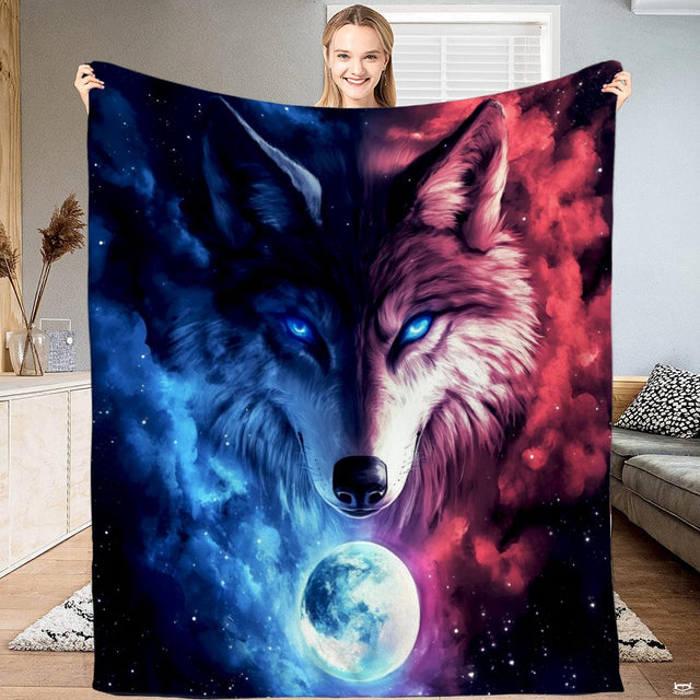 Galaxy wolf bedding set with dual-tone blue and magenta cosmic nebula artwork and glowing thematic accent moon.
