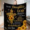 Religious daughter throw blanket featuring golden cross adorned with sunflowers, butterflies, and faith typography