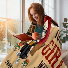 Perspective view of reader girl throw blanket showing book stacks on parchment background.
