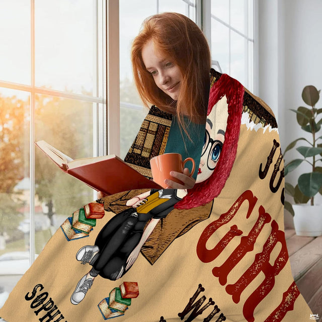 Perspective view of reader girl throw blanket showing book stacks on parchment background.