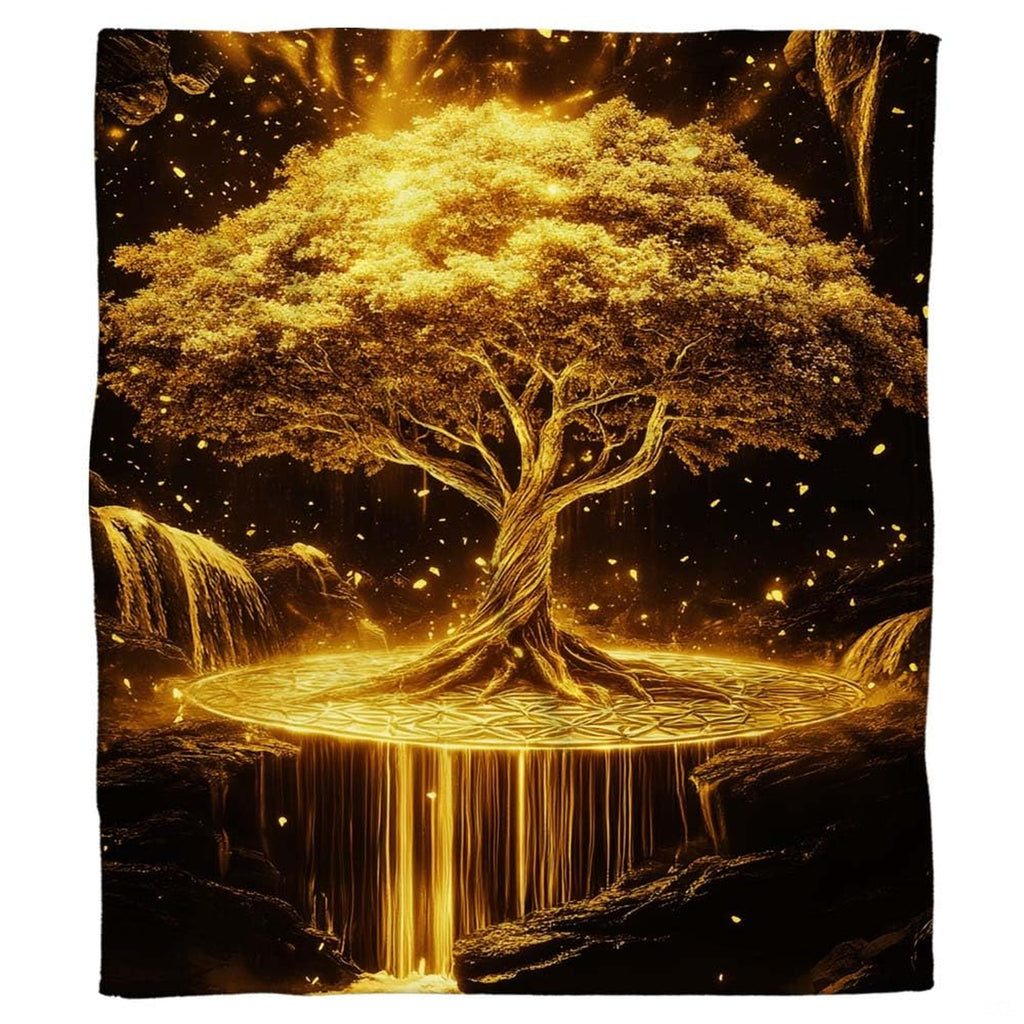 Overhead flat view of glowing golden Tree of Life waterfall throw blanket