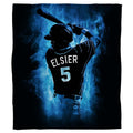 Baseball batter poised with bat surrounded by swirling electric blue smoke against black background, view 1.