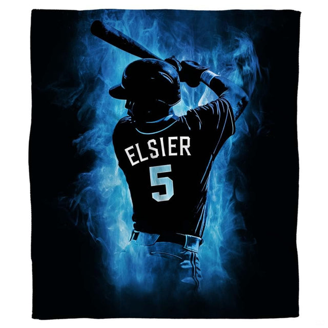 Baseball batter poised with bat surrounded by swirling electric blue smoke against black background, view 1.
