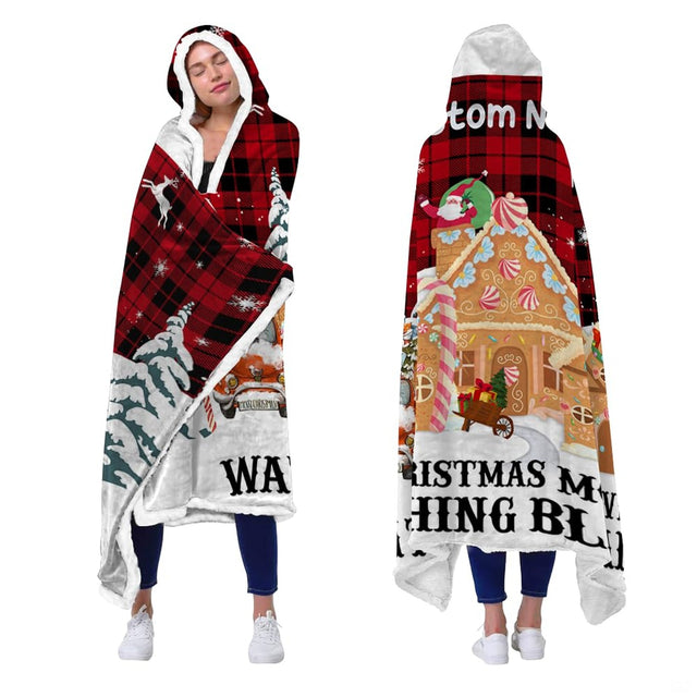 Christmas gingerbread throw blanket view 2 highlighting candy cane pillars, Santa in chimney, and snow scene