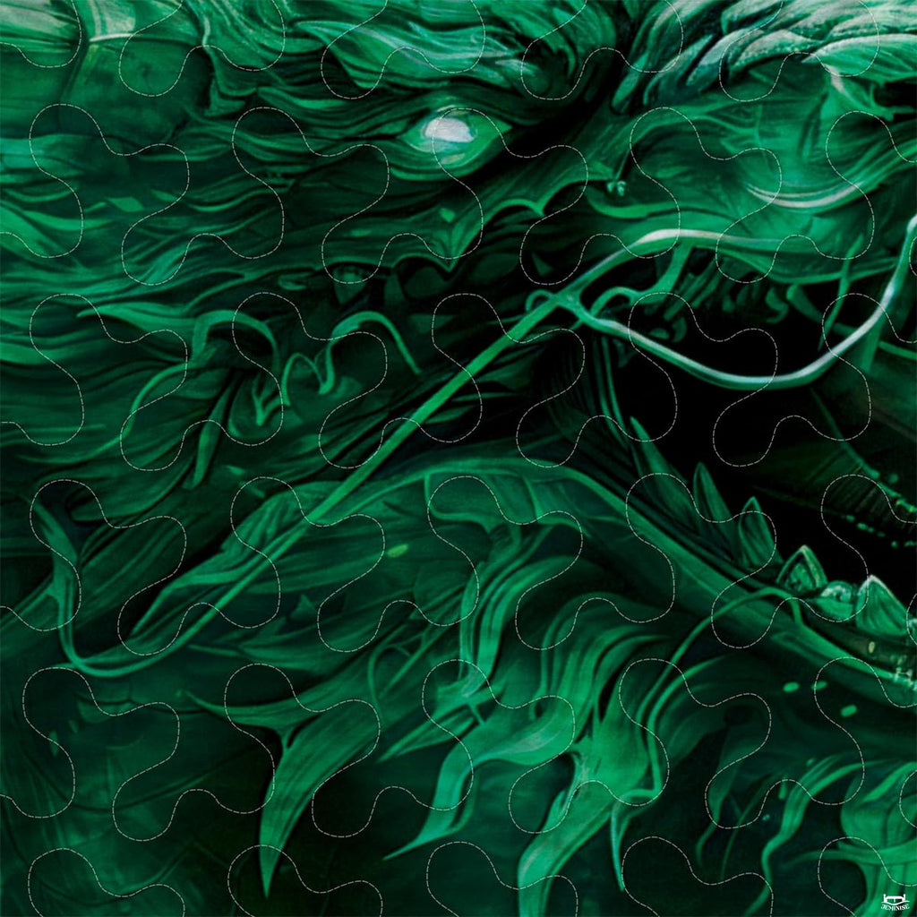Close-up of emerald dragon eye whiskers and flowing facial tendrils