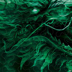 Close-up of emerald dragon eye whiskers and flowing facial tendrils