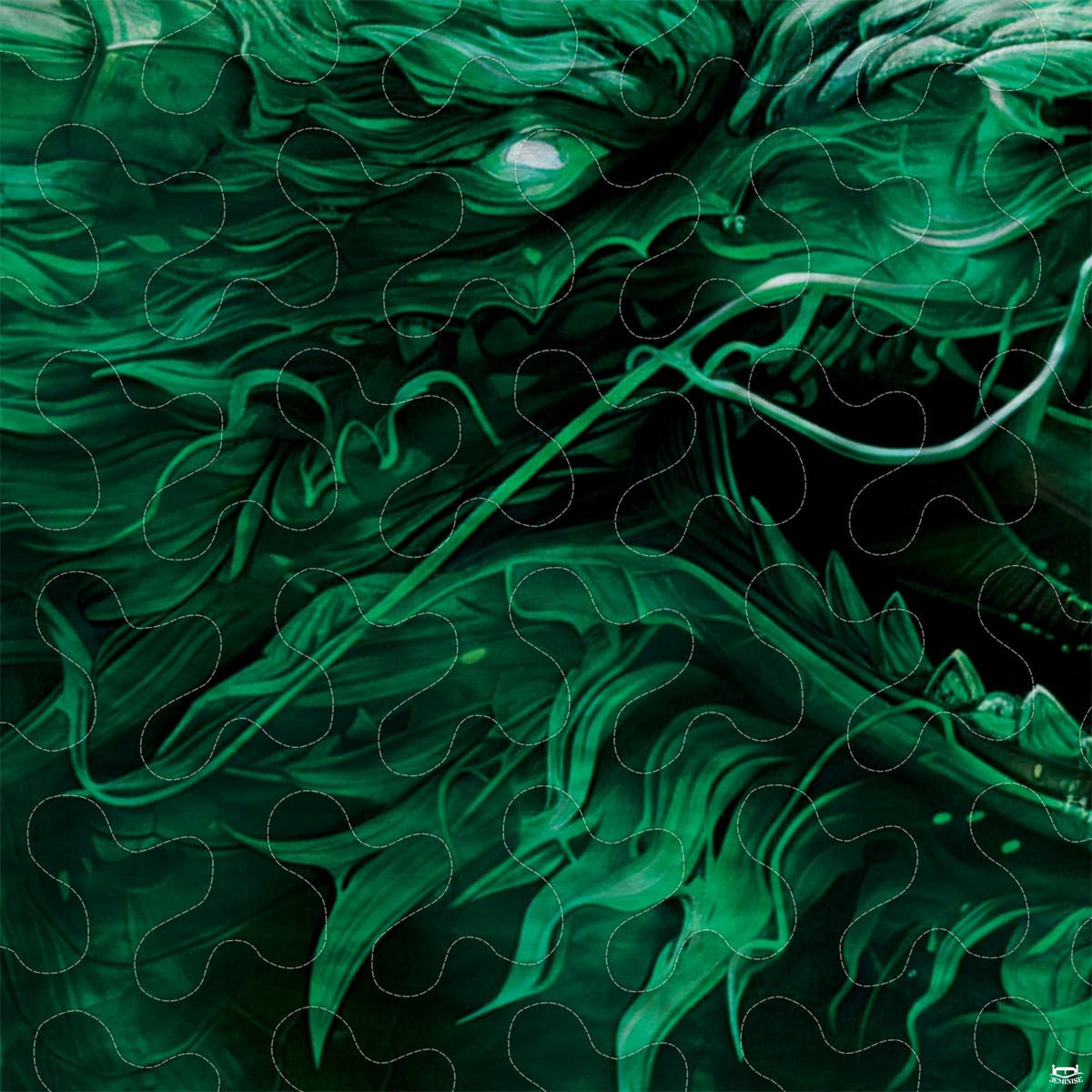 Close-up of emerald dragon eye whiskers and flowing facial tendrils