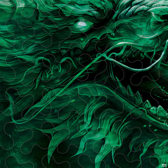 Close-up of emerald dragon eye whiskers and flowing facial tendrils