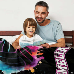 Watercolor splatter volleyball throw blanket view 3 showing neon athletic graphics and paint drips