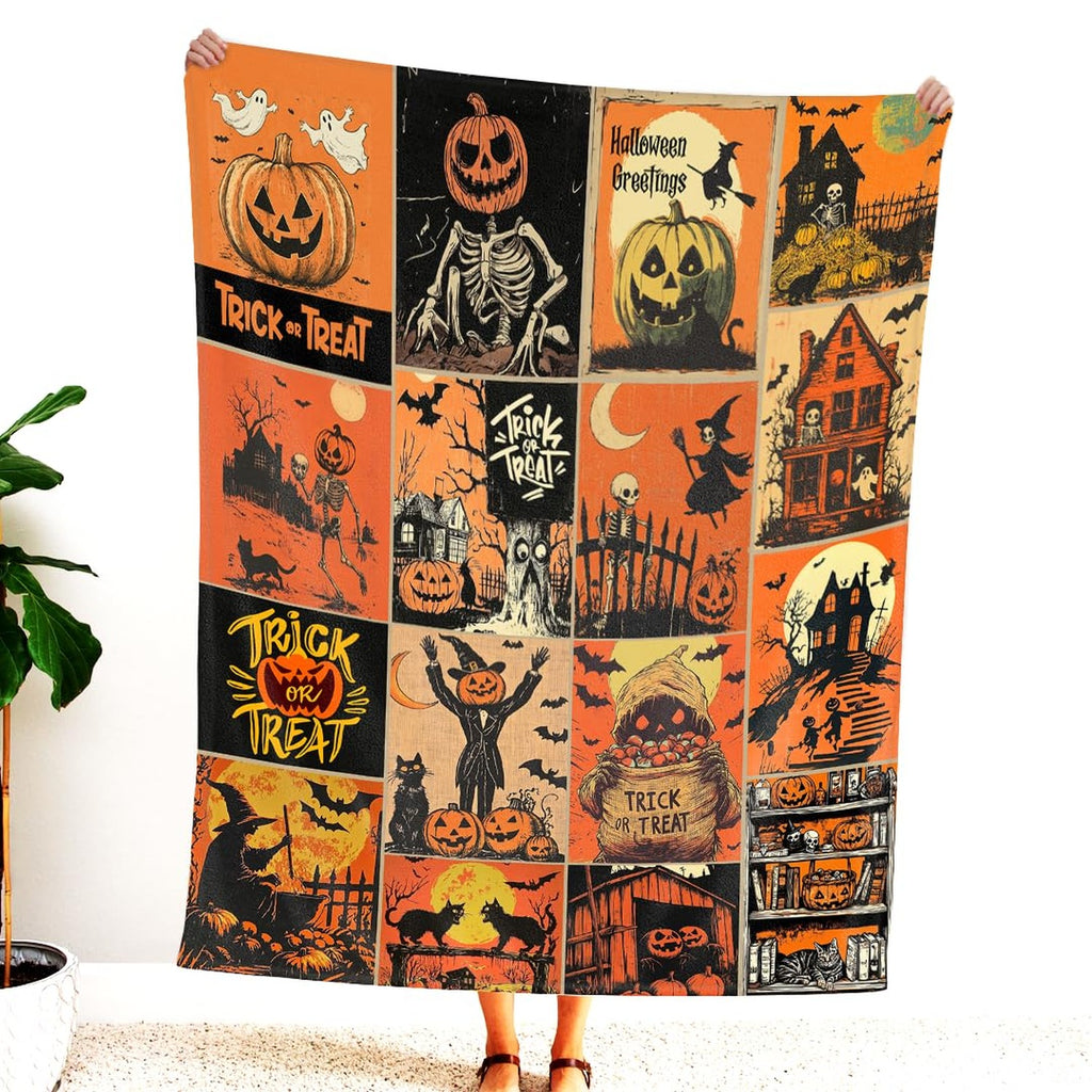 Folded view of the pumpkin comic blanket showing perimeter border hem and print clarity.