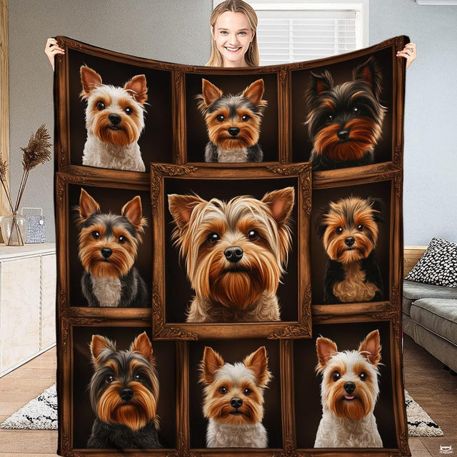 Yorkshire Terrier framed portrait throw blanket showing gallery wall of nine framed Yorkie dog portraits