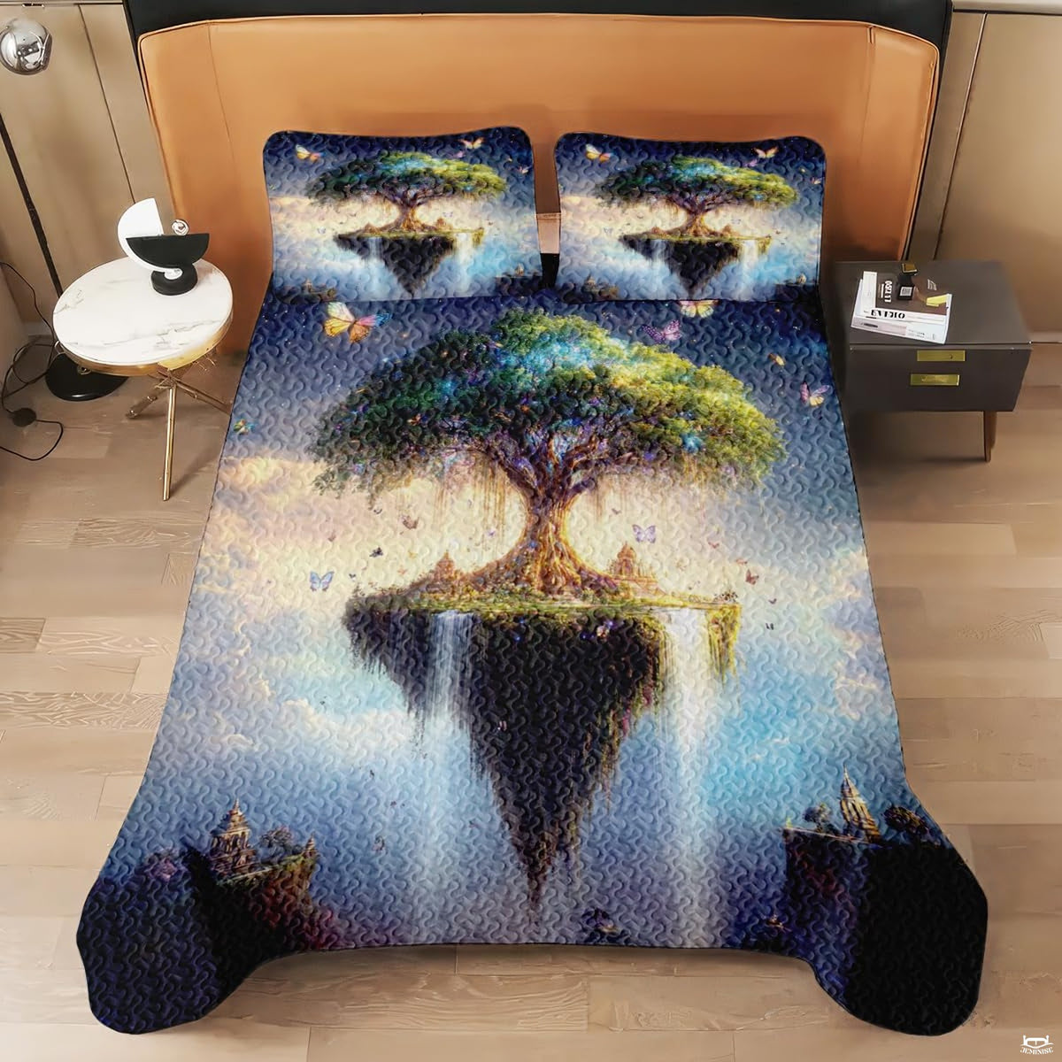 Close-up perspective of fantasy bedding detailing cascading waterfalls, golden temple shrines, and fluttering butterflies