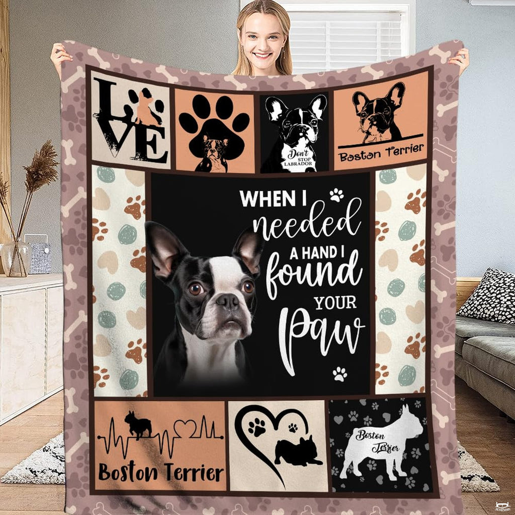 Love pet beds bedding set featuring dog collage artwork, paw prints, and neutral beige tones.
