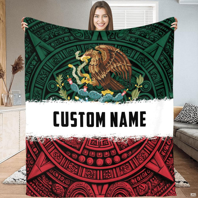 Mexican eagle and Aztec calendar throw blanket in emerald green, white, and crimson red