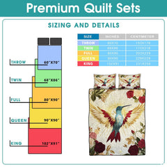 Full vintage hummingbird rose bedding design beside a reference chart