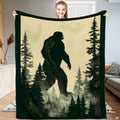 Bigfoot misty pine forest blanket featuring Sasquatch silhouette on vintage cream and sage backdrop.