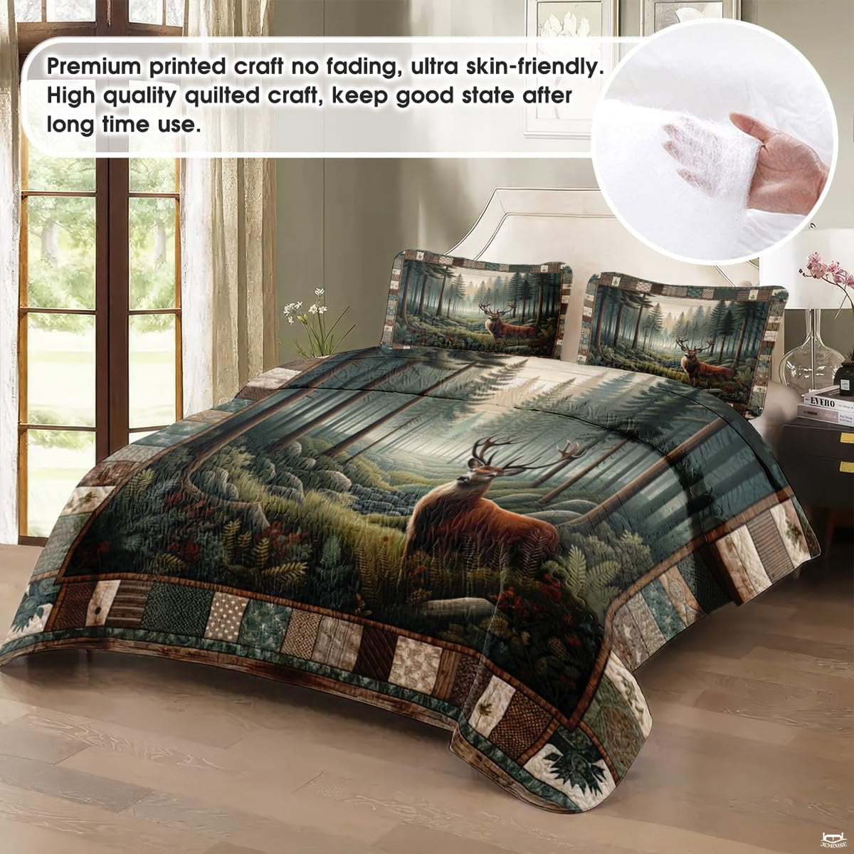 Antlered deer buck standing proudly amid misty woodland pine trees in rich forest green and earthy brown.