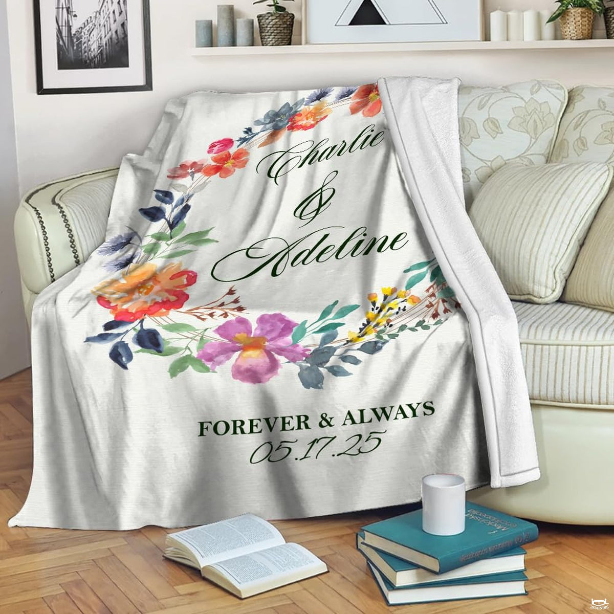 Close view of artistic floral artwork on wedding gift bed set displaying indigo leaves and thematic accent accents.