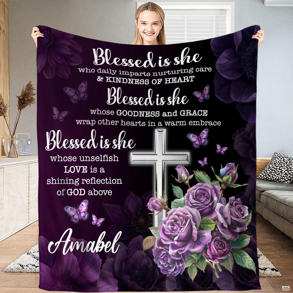 Custom Purple Floral Christian Cross Blanket, Machine Washable