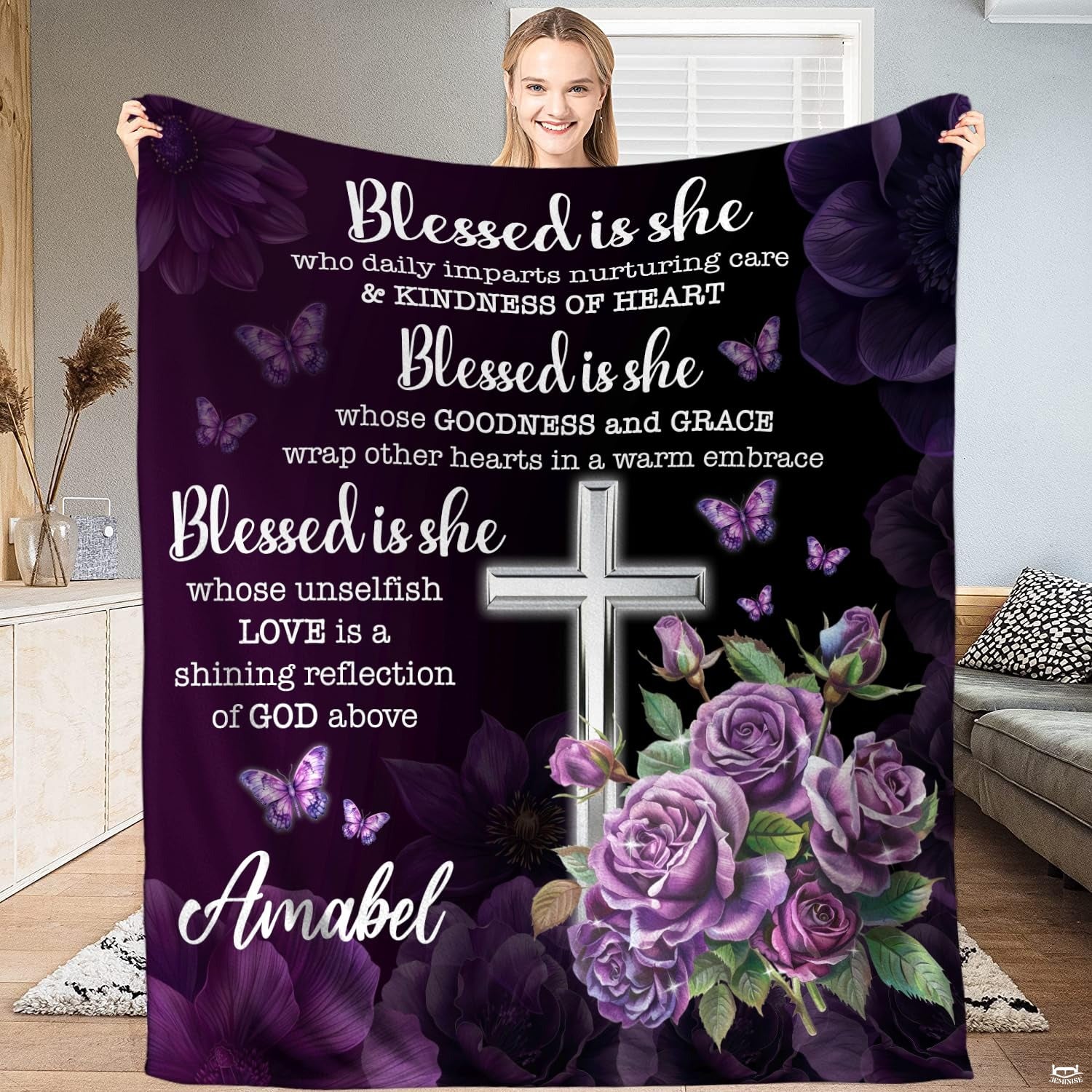 Custom Purple Floral Christian Cross Blanket, Machine Washable