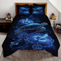 Bioluminescent sea turtle coastal blue bedding set displaying glowing neon hibiscus flora across deep indigo.