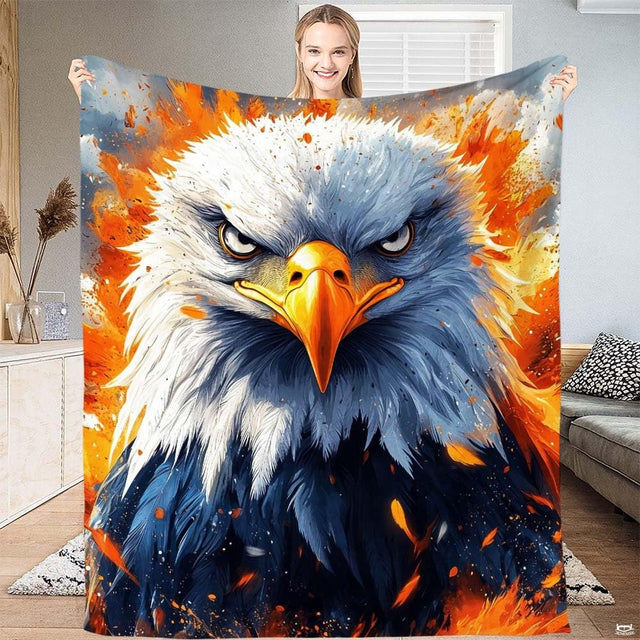 Fierce bald eagle bedding set featuring razor-sharp eyes and fiery golden-orange splash artwork.