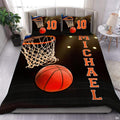 Basketball hoop spotlight bedding featuring orange ball dropping through net with radiant arena light bokeh