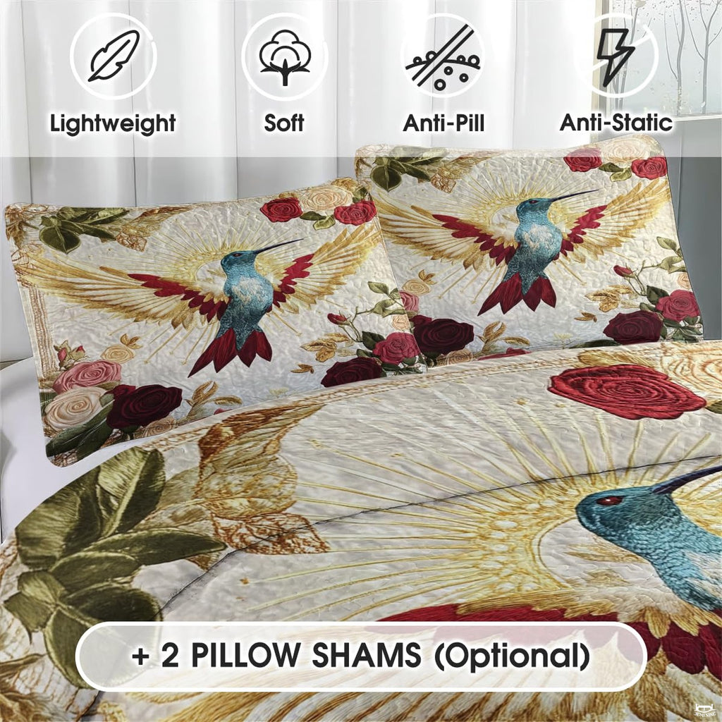 Close view of coordinated pillows with sunburst hummingbird and roses
