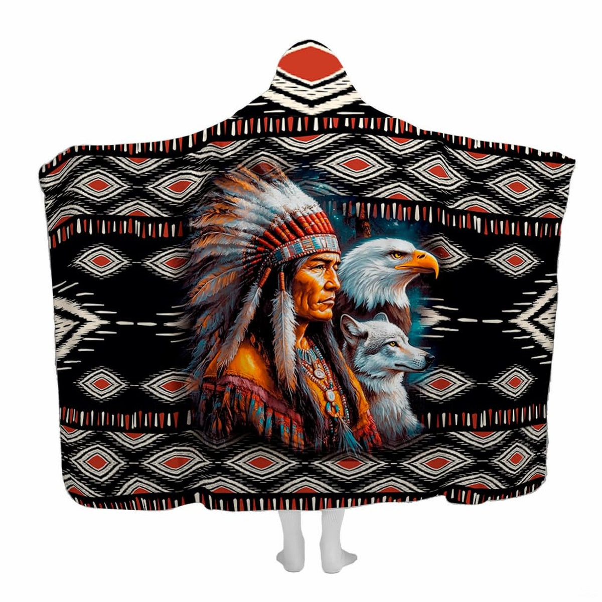 Native American chief eagle wolf throw blanket featuring an indigenous leader portrait and geometric patterns