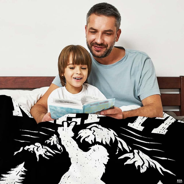 Distressed white Bigfoot flashing peace sign before mountain peaks and pines with slogan typography, view 2.