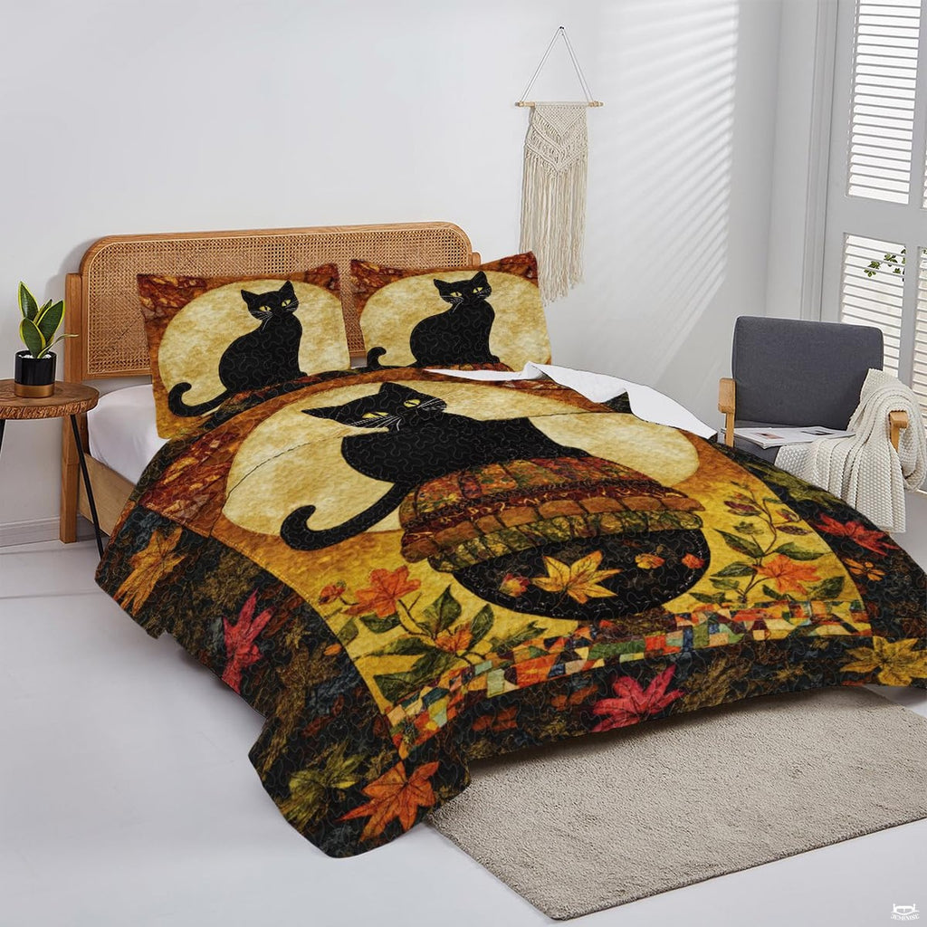 Bedroom aesthetic scene styled with folk-art harvest moon black cat bedding thematic accent in thematic accent burnt...
