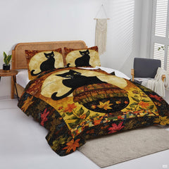 Bedroom aesthetic scene styled with folk-art harvest moon black cat bedding thematic accent in thematic accent burnt...