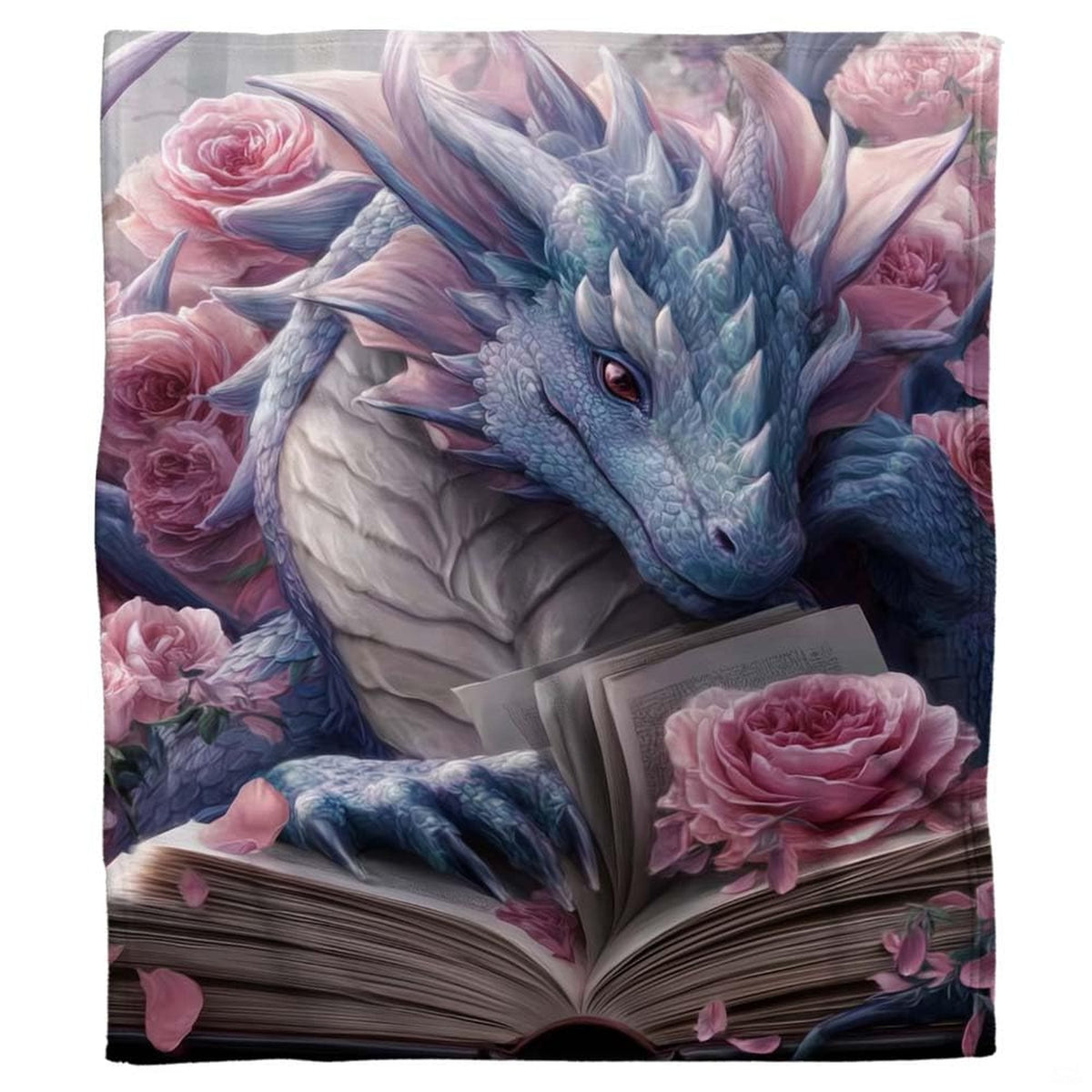 Full graphic layout featuring a blue horned dragon turning pages of an open book surrounded by roses