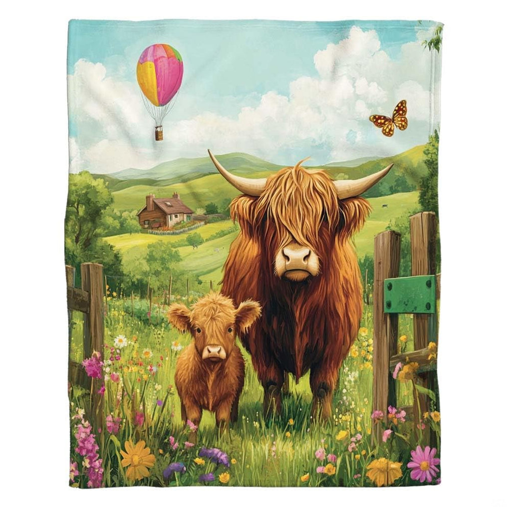 Pastoral painting of Highland cow and calf in wildflower field with hot air balloon, view 2.