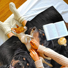 Rottweiler canine graphic blanket styled across bedroom bed