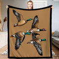 Four flying waterfowl ducks on ochre tan background with black border, view 1.
