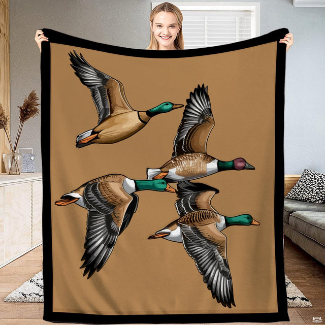 Four flying waterfowl ducks on ochre tan background with black border, view 1.