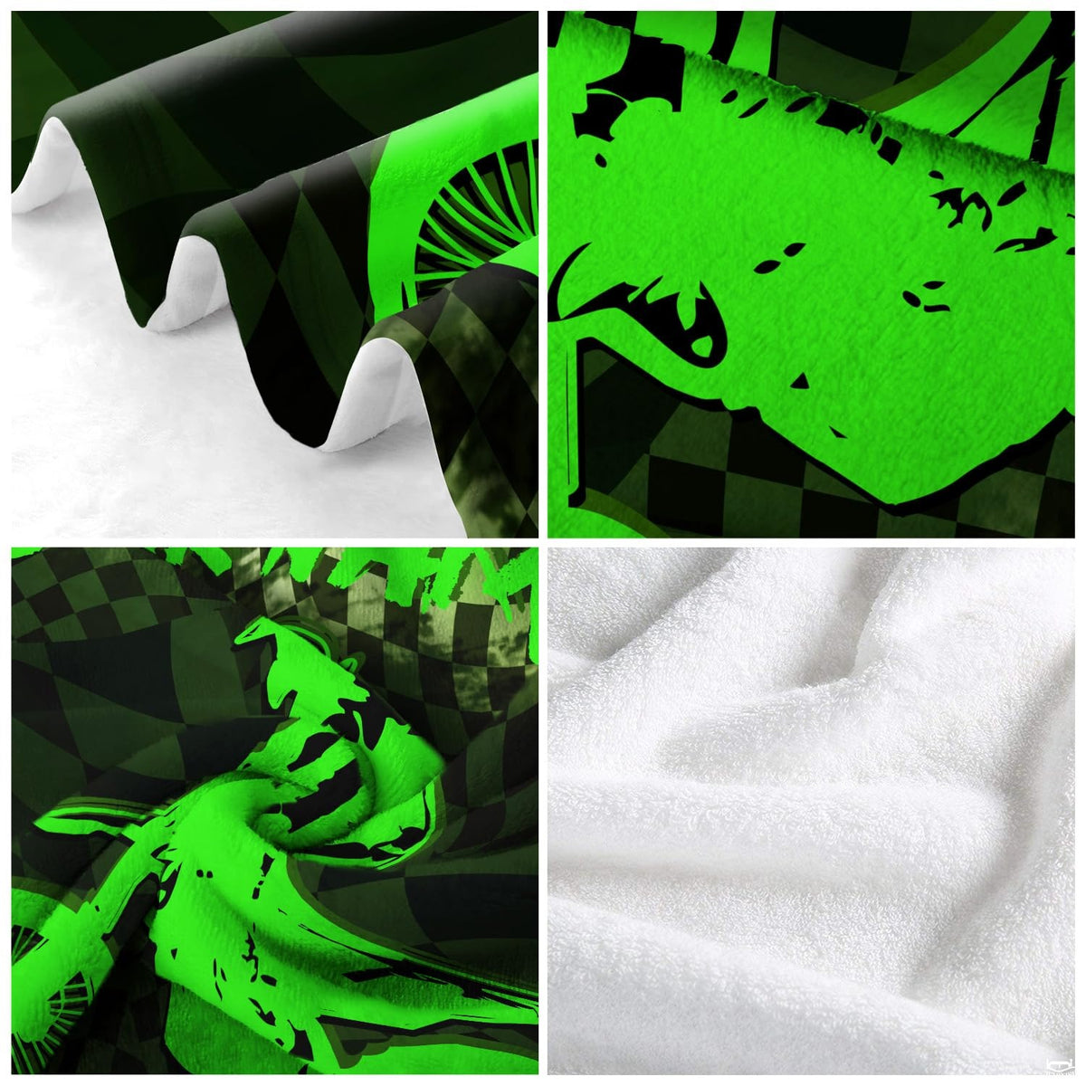 Neon green motocross throw blanket view 5 highlighting dirt bike jumper, checkered flag, and green background