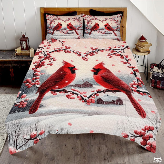 Winter Cardinals on Heart Shaped Berry Branches Patchwork Christmas Quilt