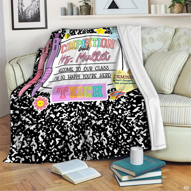 Living room sofa displaying the marbled school stationery throw blanket draped over furniture.