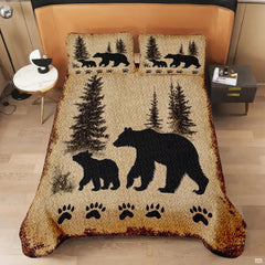 thematic accent cabin loft bed cover aesthetic featuring woodland bear silhouettes and pine tree forest illustration.