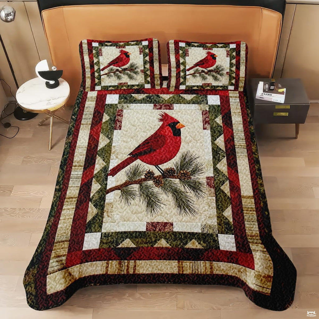 Full bedroom display of vintage cardinal bedding styled with natural wood and countryside winter accents
