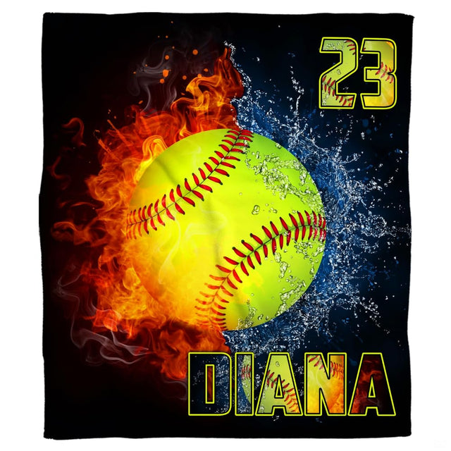 Frontal view of optic yellow softball graphic split between roaring fire flames and splashing water.