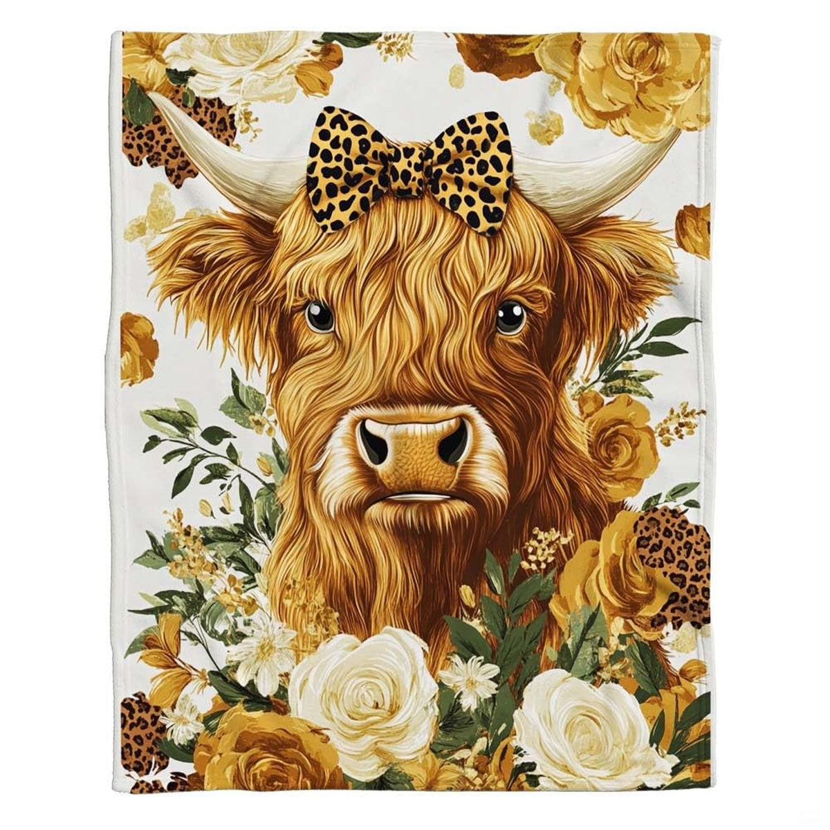 Close-up view of illustrated brown highland cow head with leopard bow tie framed by golden yellow and white flowers.