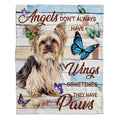 Yorkshire Terrier throw blanket featuring a pup with colorful butterflies on rustic blue shiplap wood.